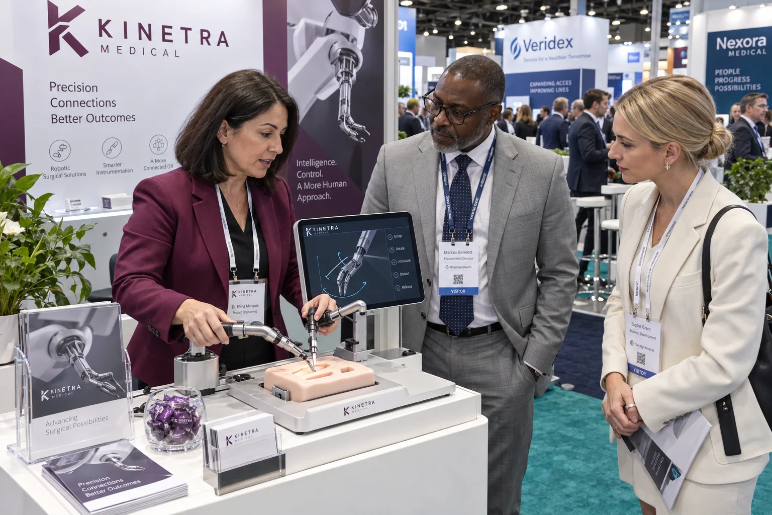 Surgical device engineer demonstrating robotic instruments on a training model to procurement and distribution buyers